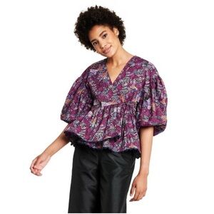 Kika Vargas x Target NWT Purple Print Puff Sleeve Wrap Blouse Size XL